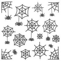 Spider web doodle icons set for Halloween. Hand drawn elements for decoration. Webs with hanging spiders vector