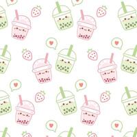 Kawaii cute pattern with boba bubble milk tea on white background. vector