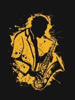 Artistic silhouette of a saxophone player with splatter effect on dark background vector