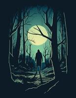 Lone hiker ventures through a serene, moonlit forest with towering trees casting contrasting shadows vector