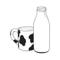 Milk bottle and cow print mug line art vector