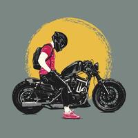 Illustration of a biker with helmet posing by a motorcycle against a golden sun backdrop vector