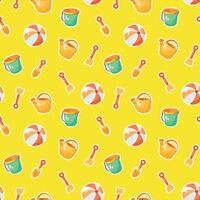 Summer beach toys. Bucket, ball and rake on yellow background. Seamless pattern. vector