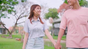 A man holding hands enjoying and relaxing walks forward into the sunlight. With an Asian woman in a natural field, starting a family dream video