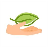 Save green leaf organic hand. Plant in hand line icon. Hand holding plant. Illustration isolated on white background. vector