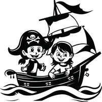 dos contento sonriente pirata chico y niña en un pirata Embarcacion vector