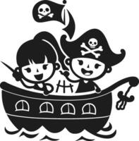 dos contento sonriente pirata chico y niña en un pirata Embarcacion vector