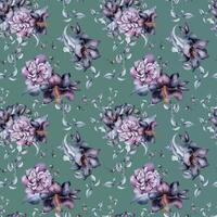 Watercolor black flowers and leaves seamless pattern isolated on dark. Gothic floral print hand drawn. Dark botanical image with lily, peony, bud. Element for textile, backdrop, wallpaper, wrapping. vector