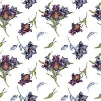 Seamless pattern with watercolor bunch of dark flowers and leaves isolated on white. Gothic floral print hand drawn. Dark botanical decoration with lily, iris. Element for textile, backdrop, paper vector