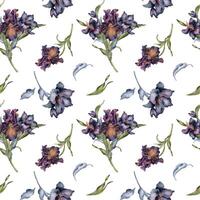 Seamless pattern with watercolor bunch of dark flowers and leaves isolated on white. Gothic floral print hand drawn. Dark botanical decoration with lily, iris. Element for textile, backdrop, paper vector