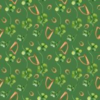 Shamrock and horseshoes watercolor seamless pattern isolated on dark background. Painted clover and harp. Hand drawn Celtic symbol. Design for St. Patrick day decoration, textile, wrapping, paper vector