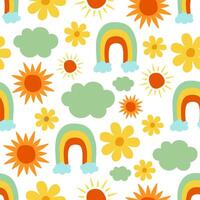 Groovy cute pattern include sun, rainbow, flower and cloud vector