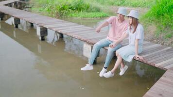 uma casal sentado em uma ponte ao lado uma rio lago, criando a a maioria romântico manhã atmosfera.concept do expressando amor video