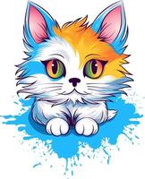 gato con grande expresivo ojos - gato con un vistoso cara sentado en un azul superficie, ilustración vector