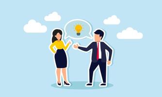 Engaging in business discussion, effective communication fosters brainstorming for solutions or results, concept of Businessman and coworker converse with a speech bubble illuminating a bright idea vector