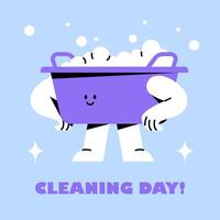 The basin with foam and bubbles is smiling. Funny cute character. Cleaning day sticker. vector