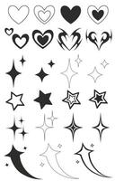 Black and white illustration with various icons in gothic and alt styles. Hearts, stars, sparkles vector