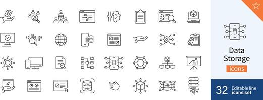 Set of 32 Data Storage web icons in line style. Data, device, design, digital, technology, home. illustration. vector