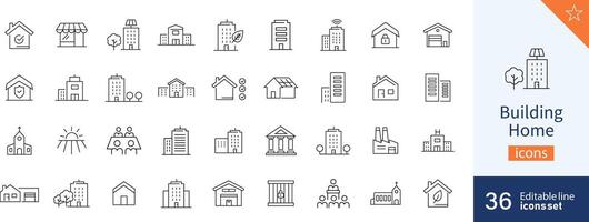 Set of 36 Building Home web icons in line style. Building, building exterior, home. illustration. vector