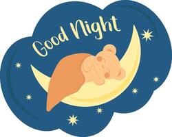 Cute little bear in kawaii style sleeps under a blanket on the moon. Minimalistic card with the inscription good night. vector