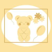 Cute bear in kawaii style with balloons and flowers in a frame. Minimalistic universal card. vector