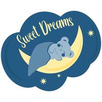 Cute blue bear in kawaii style sleeps under a blanket on the moon. Minimalist card, sticker with sweet dreams inscription. vector