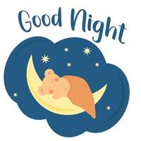 Cute little bear in kawaii style sleeps under a blanket on the moon. Minimalistic card with the inscription good night. vector