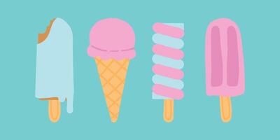 Colorful assortment of ice creams and ice cream cones with bites and drips, in pastel pink and blue, cute illustration on teal background. vector