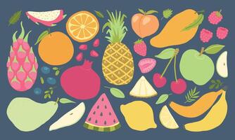 A delightful assortment of colorful fruit illustrations, including tropical and citrus, on a dark background, perfect for healthy eating menu themes. vector