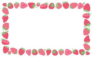 Border of illustrated strawberries with whole and halved berries, creating a vibrant frame on a white background, ideal for menus or invitations. vector