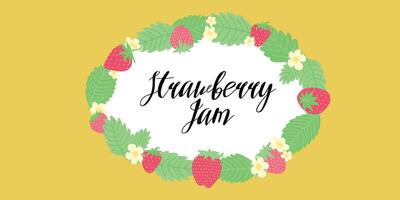 Vibrant strawberry jam label design with a wreath of berries and flowers on a yellow background, perfect for summer preserves. vector