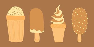 Vanilla and chocolate ice cream set with cones and soft serve, featuring nuts and choco details, hand drawn art on brown background. vector