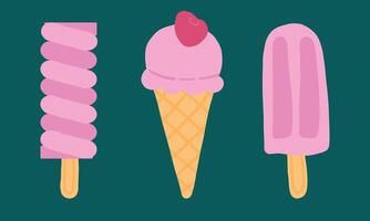 Set of three stylized ice creams a twirled ice pop, a scooped cone with a cherry, and a classic ice lolly, all in playful pink tones. vector