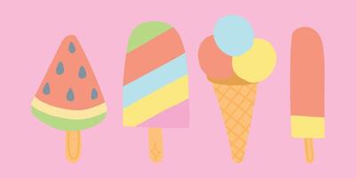 Assorted flat design ice creams and ice cream cones on a pastel pink background. Includes watermelon slice, colorful striped ice cream, and more. vector