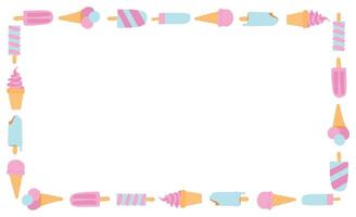 Pastel ice cream and ice cream cones border on a blank background, perfect for summer invitations, isolated illustration. vector