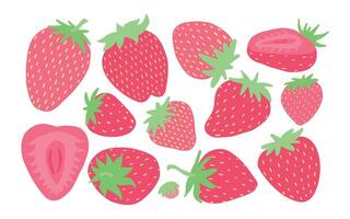 Assorted strawberries in flat design, showcasing whole and halved fruit with vibrant red and green hues, perfect for fresh, healthy themes. vector