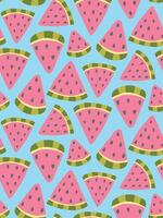 Seamless pattern of watermelon slices on a blue background, vibrant and perfect for summer themes, textiles, and fresh food concepts. vector