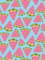 Seamless pattern of watermelon slices on a blue background, vibrant and perfect for summer themes, textiles, and fresh food concepts. vector