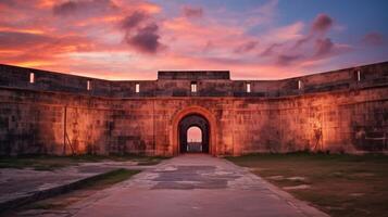 Stronghold entrance in soft twilight glow photo