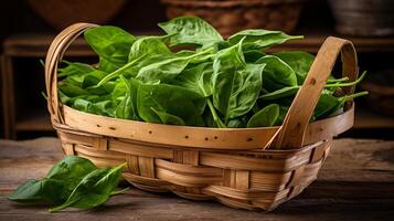 Fresh baby spinach leaves in rustic wooden trug photo