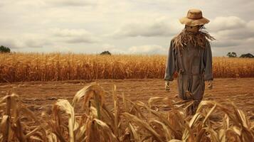 Cornfield hosts lone vigilant scarecrow photo