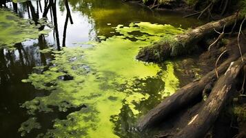 Ecosystem decline shown by algae infested pond photo