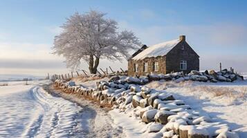 Stone walled dwelling snow photo