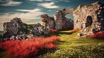 Historic fortress remnants in pastoral setting photo