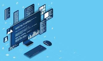 Computer technology isometric illustration. Desktop computer platforms. Software programming coding concept. Code with computer monitor vector