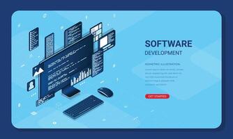 Isometric web banner software development. Program code on computer screen. Landing page template design. Programming in isometric illustration vector