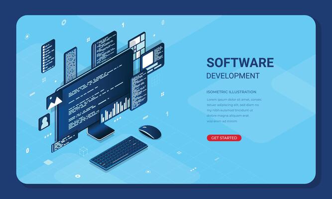 Isometric web banner software development. Program code on computer screen. Landing page template design. Programming in isometric illustration
