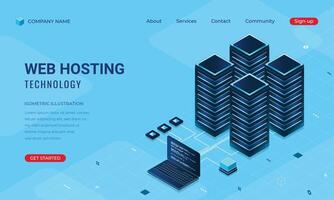 Isometric web banner hosting technology. Computing cloud and connections. Web hosting concept. Landing page template design. Modern illustration vector