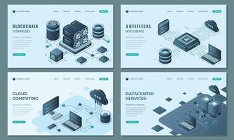 Set of isometric landing page template. Modern technology concept for datacenter with server, artificial intelligence, and blockchain technology vector