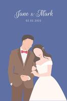 Bride in white dress and groom in brown suit holding each other happily for wedding ceremony invitation card flat characters on navy blue background. vector